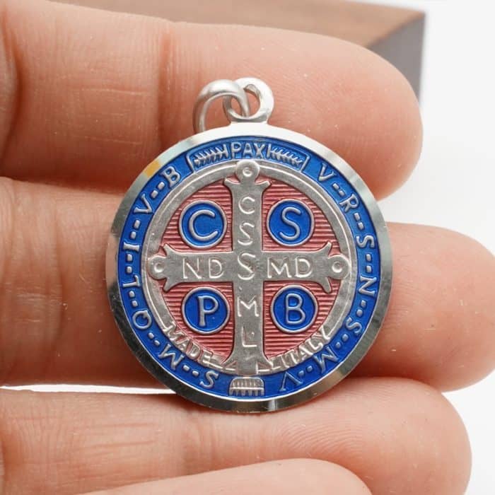 珐琅彩圣本笃圣牌-925银-25mm Catholic religious art