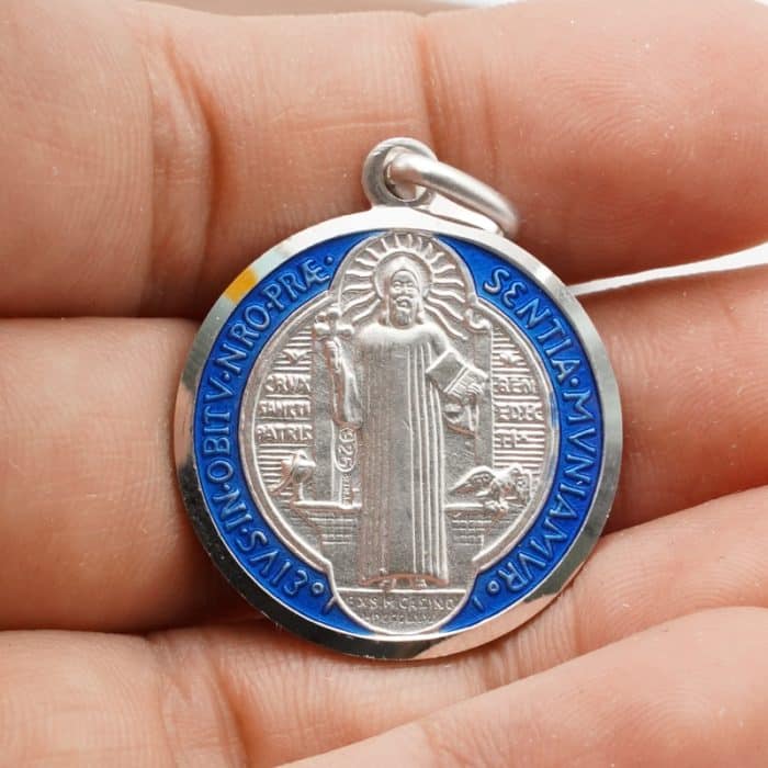 珐琅彩圣本笃圣牌-925银-25mm Catholic religious art