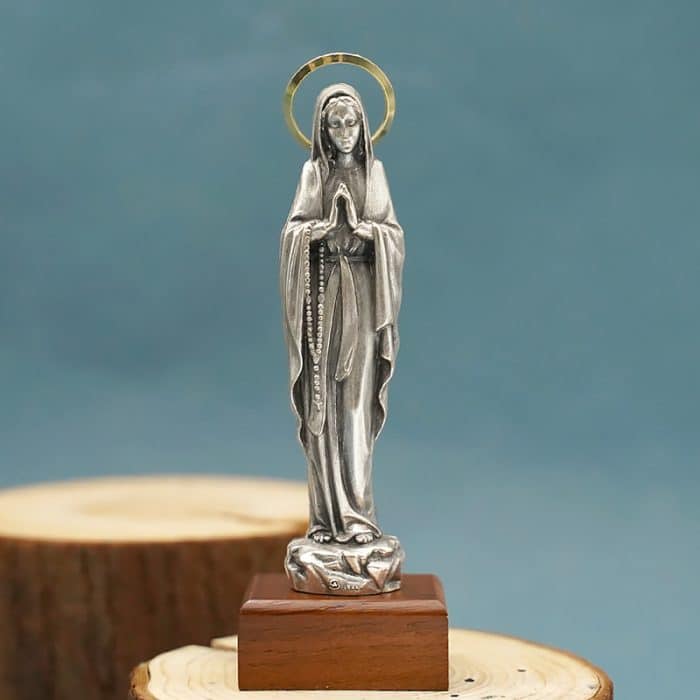 金属雕像-圣母露德-胡桃木底座-13厘米 Catholic religious art