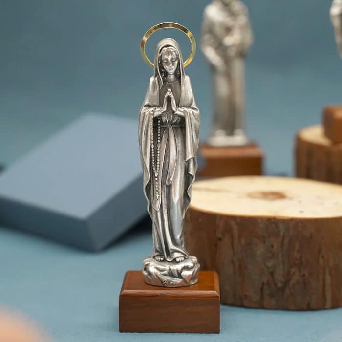 金属雕像-圣母露德-胡桃木底座-13厘米 Catholic religious art