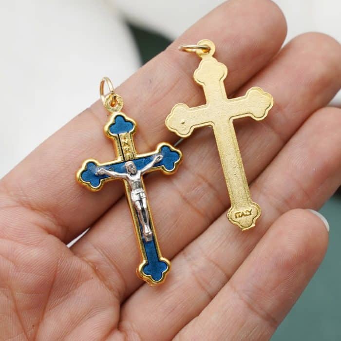 DIY十字架-锌合金+金色-蓝色珐琅彩-3.7x2.3cm Catholic religious art