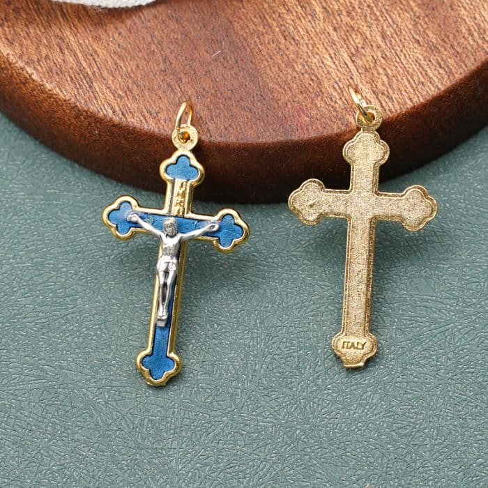 DIY十字架-锌合金+金色-蓝色珐琅彩-3.7x2.3cm Catholic religious art