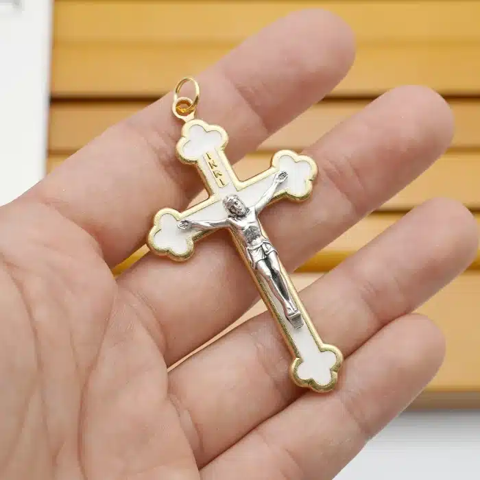 DIY十字架-金白-锌合金-金色-白珐琅-5.5cm Catholic religious art