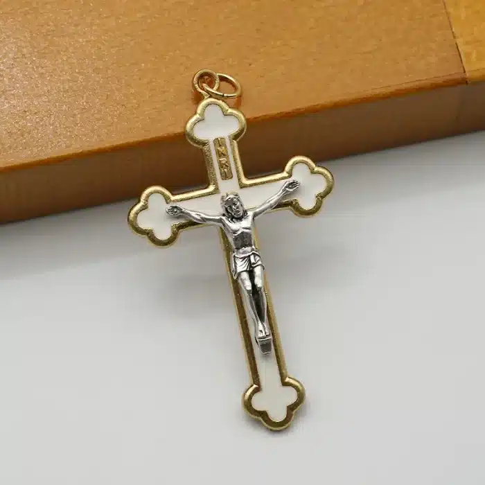 DIY十字架-金白-锌合金-金色-白珐琅-5.5cm Catholic religious art