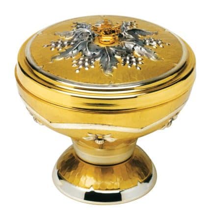 百合花与葡萄装饰圣体盒 - 可供双形圣体领受 - 高14厘米，直径15厘米