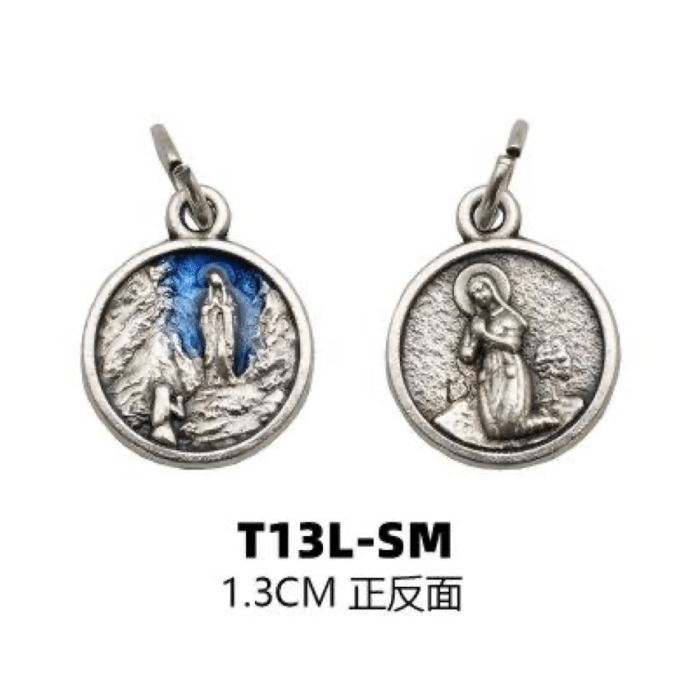 DIY小吊牌-露德圣母+伯尔纳德祈祷-锌合金-蓝珐琅彩-1.3cm Catholic religious art