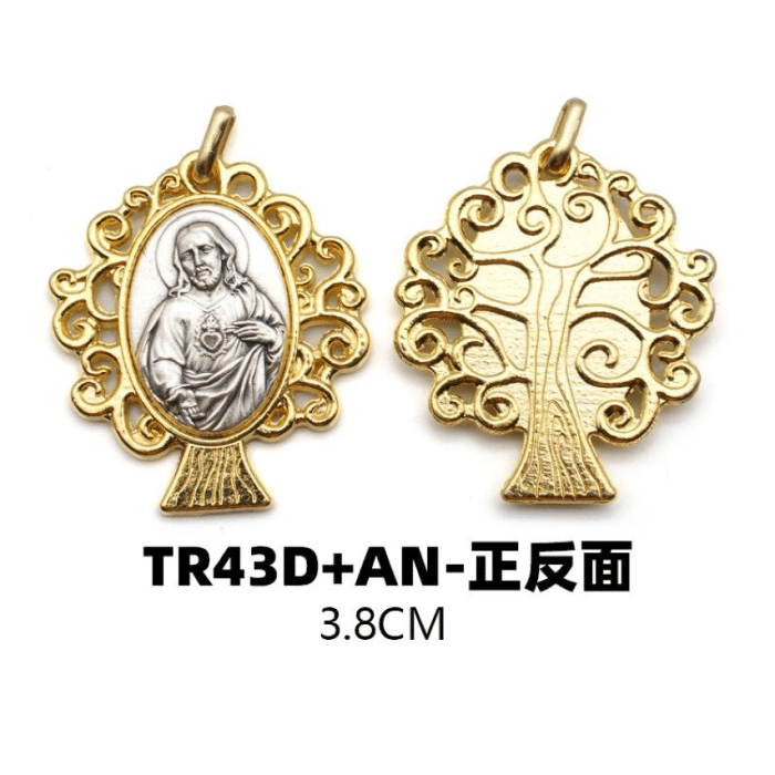 DIY小吊牌-耶稣圣心+生命树-锌合金-金色-3.8cm Catholic religious art