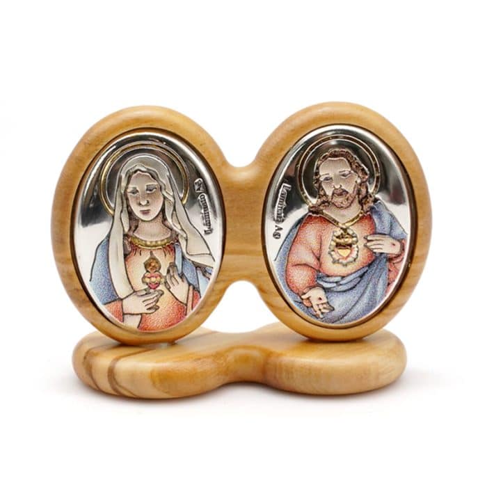 银浮雕橄榄木摆件-耶稣圣心+圣母圣心 Catholic religious art