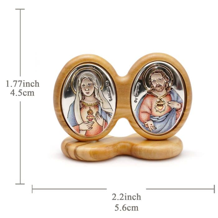 银浮雕橄榄木摆件-耶稣圣心+圣母圣心 Catholic religious art