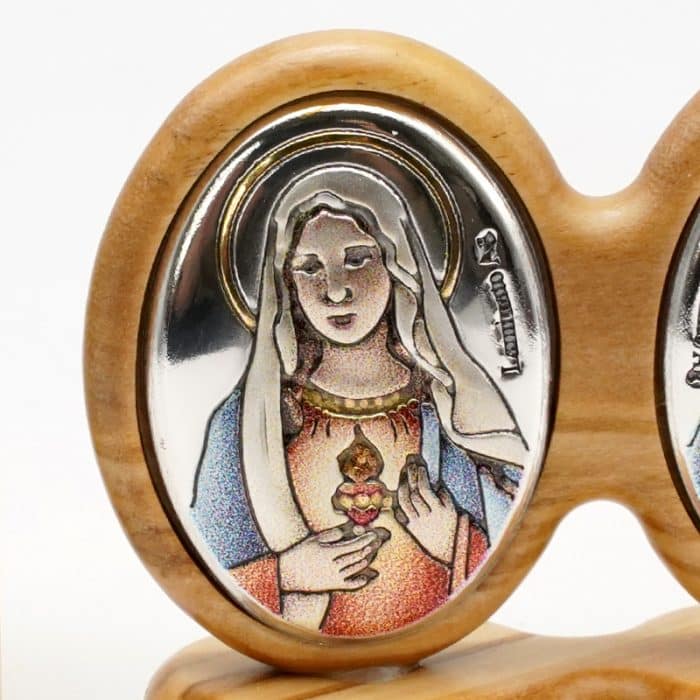 银浮雕橄榄木摆件-耶稣圣心+圣母圣心 Catholic religious art