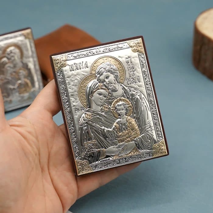 浮雕木板圣像 圣家 银金色 9x7 cm Catholic religious art
