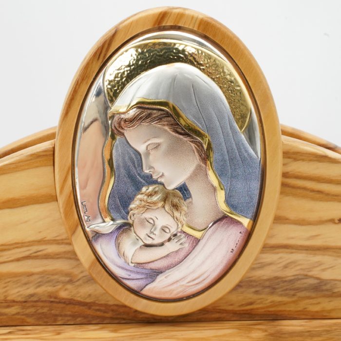 银浮雕橄榄木摆件-圣母抱耶稣-10x19x6.5cm Catholic religious art