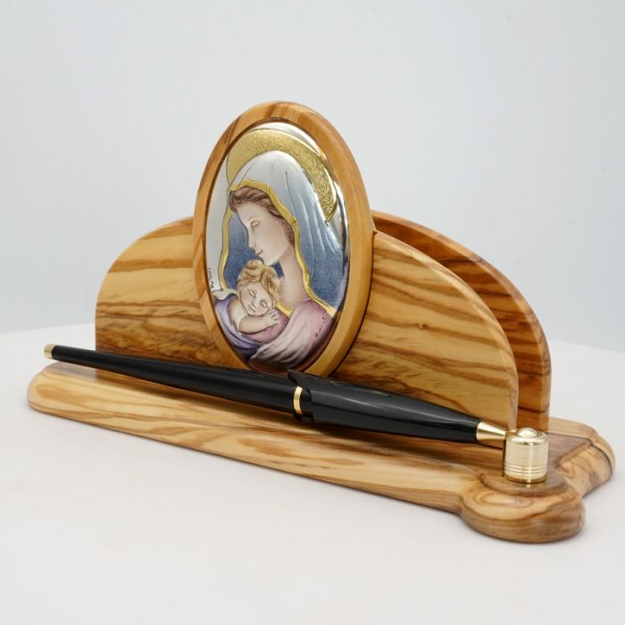 银浮雕橄榄木摆件-圣母抱耶稣-10x19x6.5cm Catholic religious art