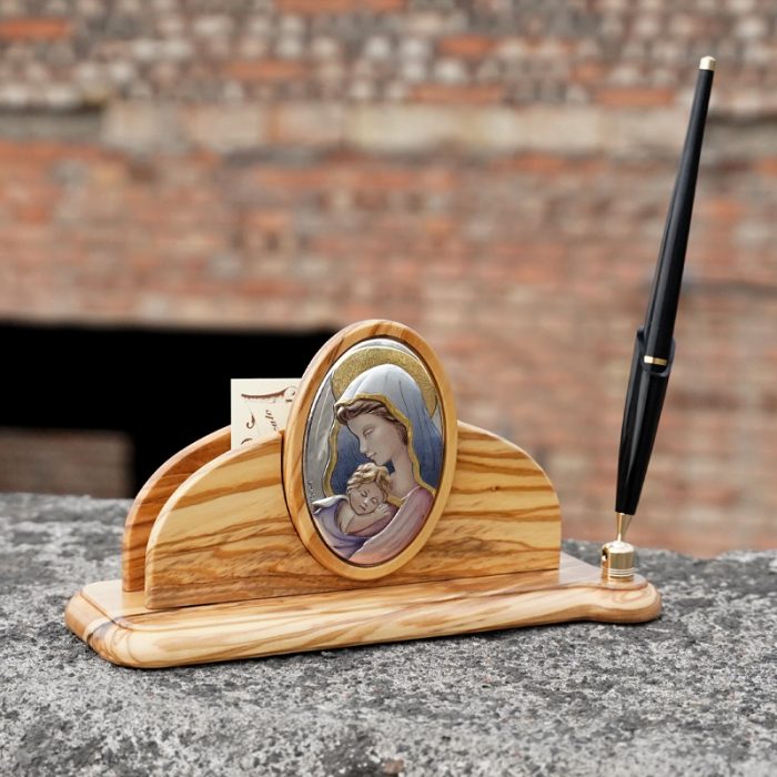 银浮雕橄榄木摆件-圣母抱耶稣-10x19x6.5cm Catholic religious art