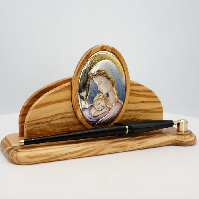 银浮雕橄榄木摆件-圣母抱耶稣-10x19x6.5cm Catholic religious art