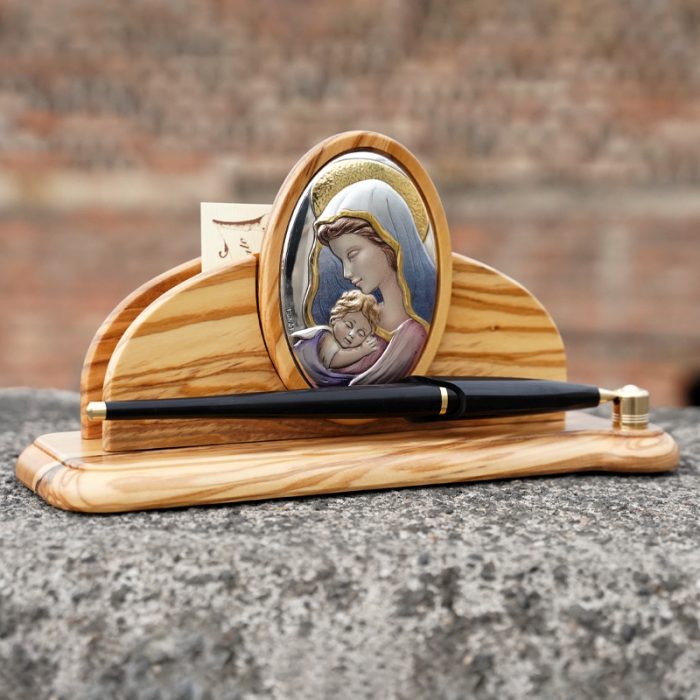 银浮雕橄榄木摆件-圣母抱耶稣-10x19x6.5cm Catholic religious art