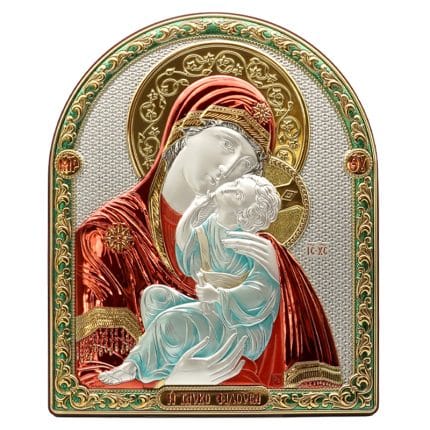 彩色银浮雕摆台-圣母抱耶稣-25x20cm