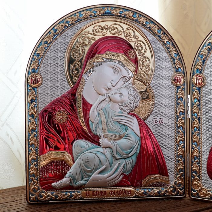 彩色银浮雕摆台圆拱-圣母+基督 Catholic religious art