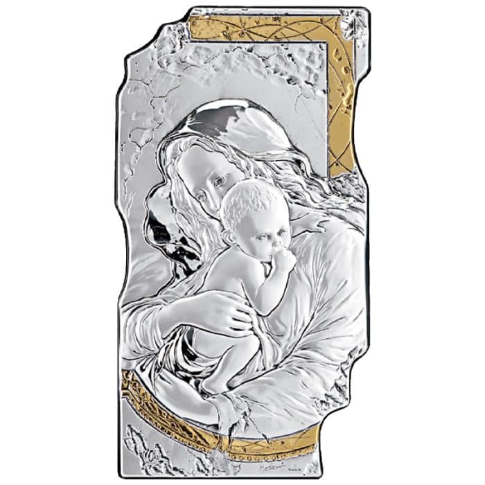 仿壁画银圣像-圣母抱耶稣-金色挂钩-12x7cm Catholic religious art