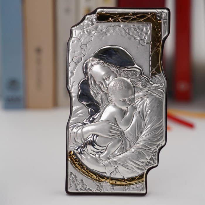 仿壁画银圣像-圣母抱耶稣-金色挂钩-12x7cm Catholic religious art