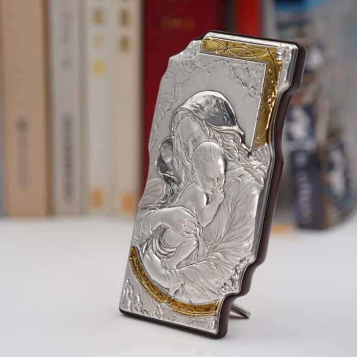 仿壁画银圣像-圣母抱耶稣-金色挂钩-12x7cm Catholic religious art