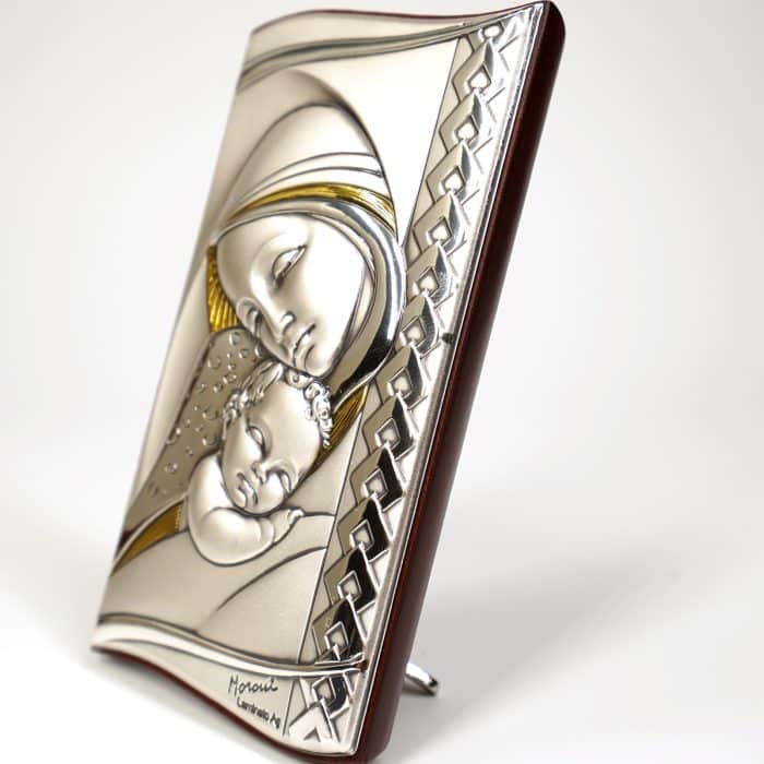 银浮雕摆台-圣母抱耶稣-银金色-11x6cm Catholic religious art