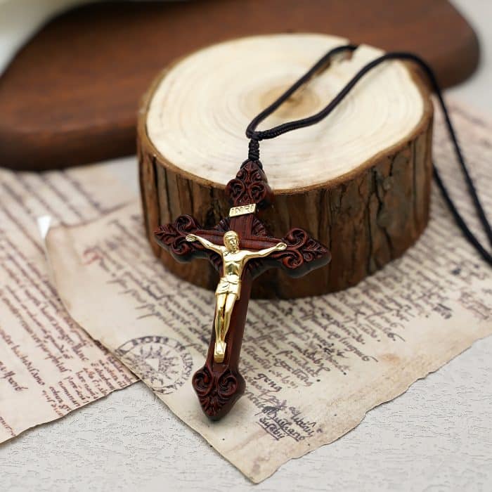 项链十字架-巴洛克式-紫檀木黄铜-7.5cm-礼盒装-绳子可调节至60cm Catholic religious art