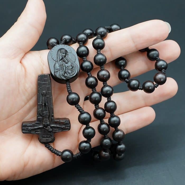 玫瑰念珠-黑檀木-圣母抱耶稣-手工绳编-8/10mm Catholic religious art
