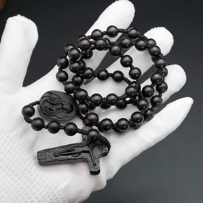 玫瑰念珠-黑檀木-圣母抱耶稣-手工绳编-8/10mm Catholic religious art