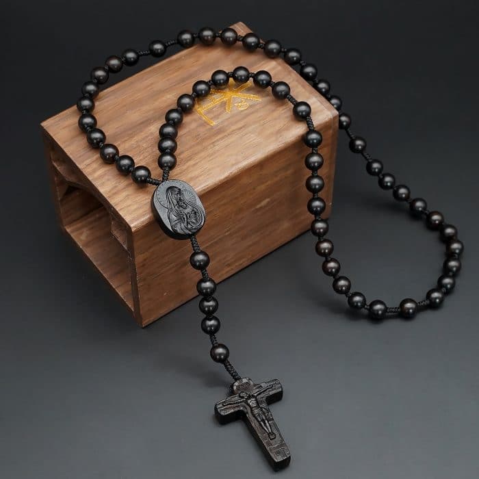玫瑰念珠-黑檀木-圣母抱耶稣-手工绳编-8/10mm Catholic religious art