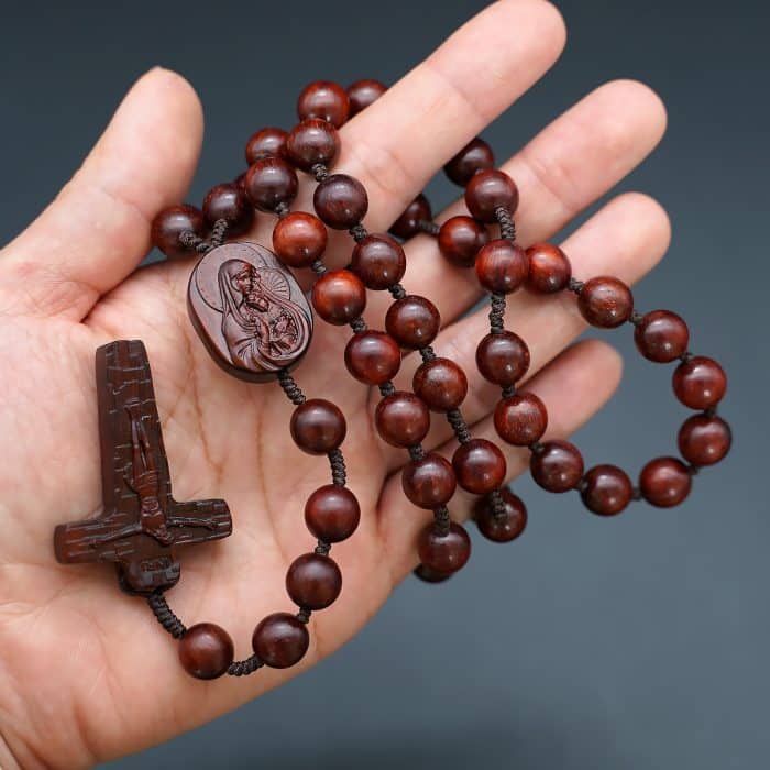 玫瑰念珠-圣母抱耶稣-绳编小叶紫檀-8/10mm（送念珠包） Catholic religious art