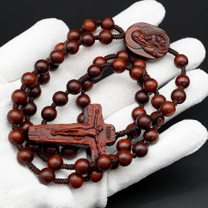 玫瑰念珠-圣母抱耶稣-绳编小叶紫檀-8/10mm（送念珠包） Catholic religious art