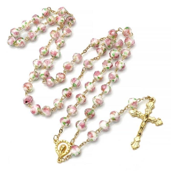 玫瑰念珠-白色琉璃内花原创-8mm珠 Catholic religious art