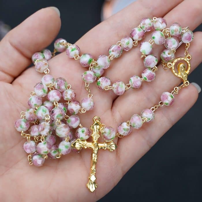 玫瑰念珠-白色琉璃内花原创-8mm珠 Catholic religious art