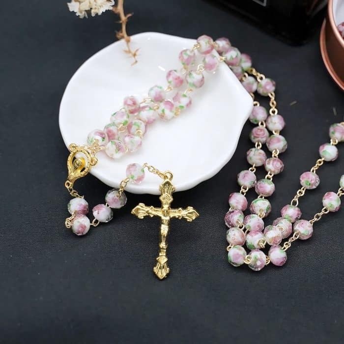 玫瑰念珠-白色琉璃内花原创-8mm珠 Catholic religious art