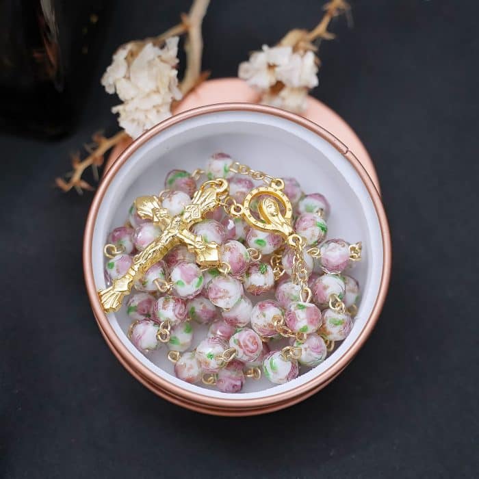 玫瑰念珠-白色琉璃内花原创-8mm珠 Catholic religious art