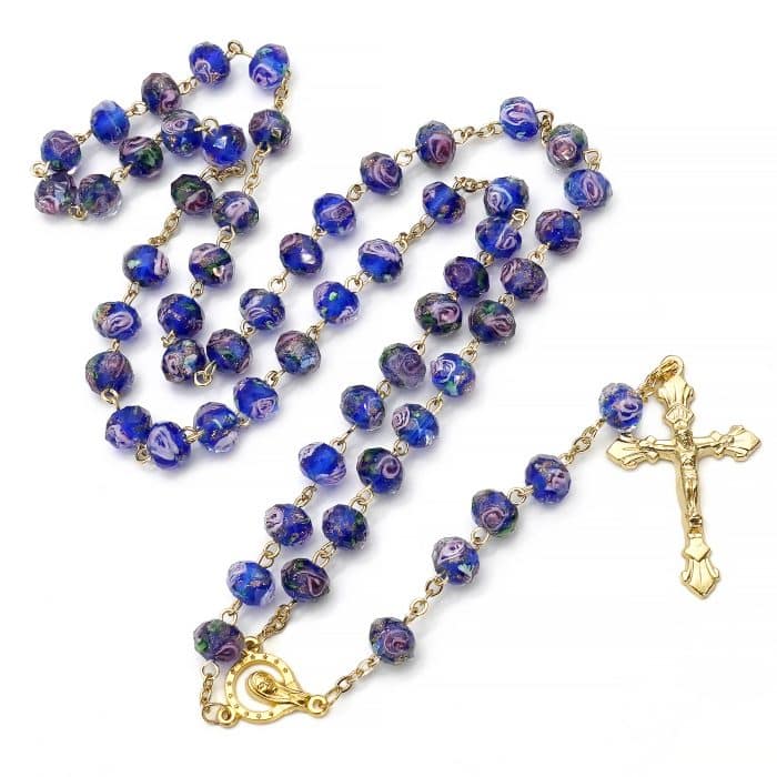 玫瑰念珠-蓝色琉璃内花原创-8mm珠 Catholic religious art