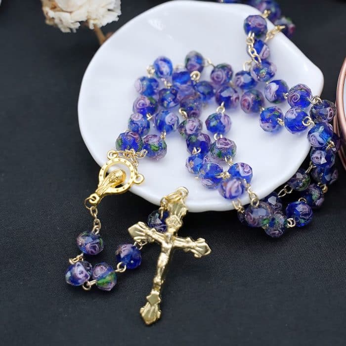 玫瑰念珠-蓝色琉璃内花原创-8mm珠 Catholic religious art