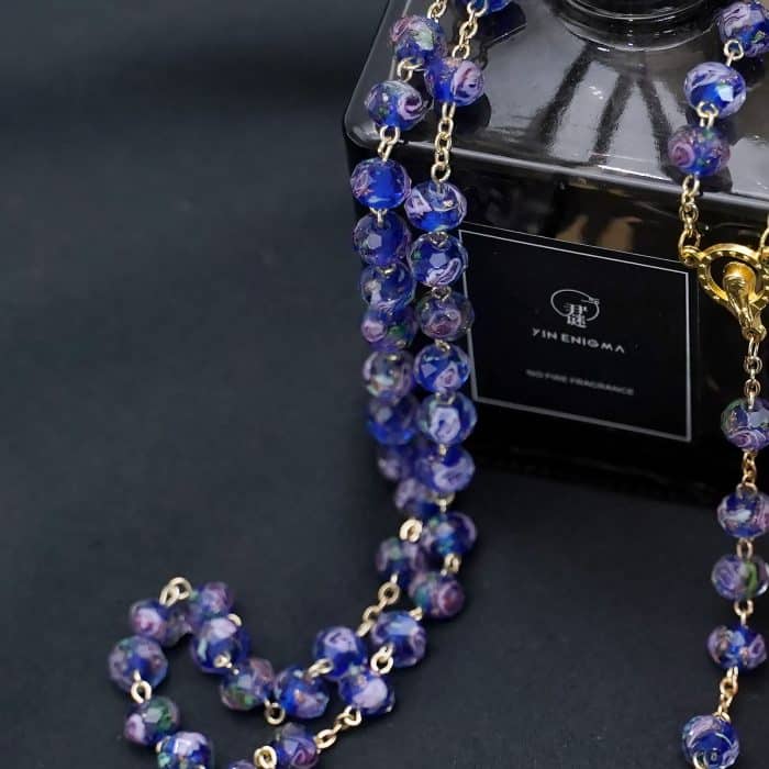 玫瑰念珠-蓝色琉璃内花原创-8mm珠 Catholic religious art