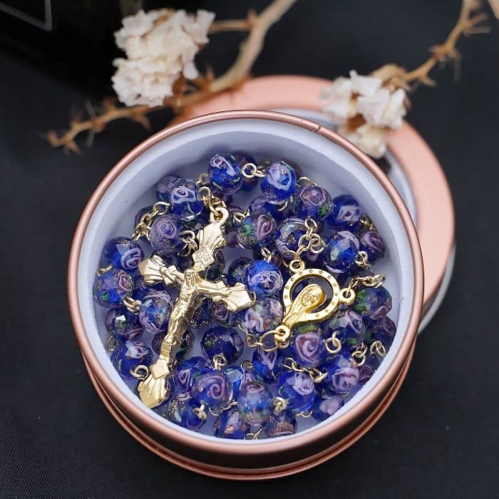 玫瑰念珠-蓝色琉璃内花原创-8mm珠 Catholic religious art