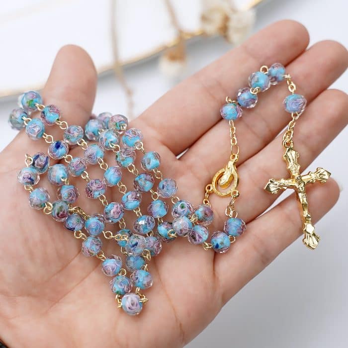 玫瑰念珠-天蓝色琉璃内花原创-8mm珠 Catholic religious art