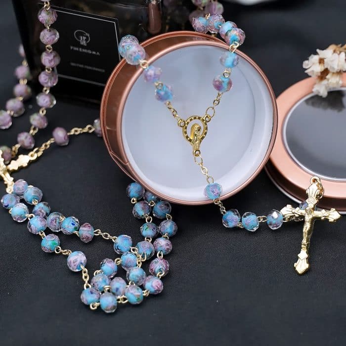 玫瑰念珠-天蓝色琉璃内花原创-8mm珠 Catholic religious art