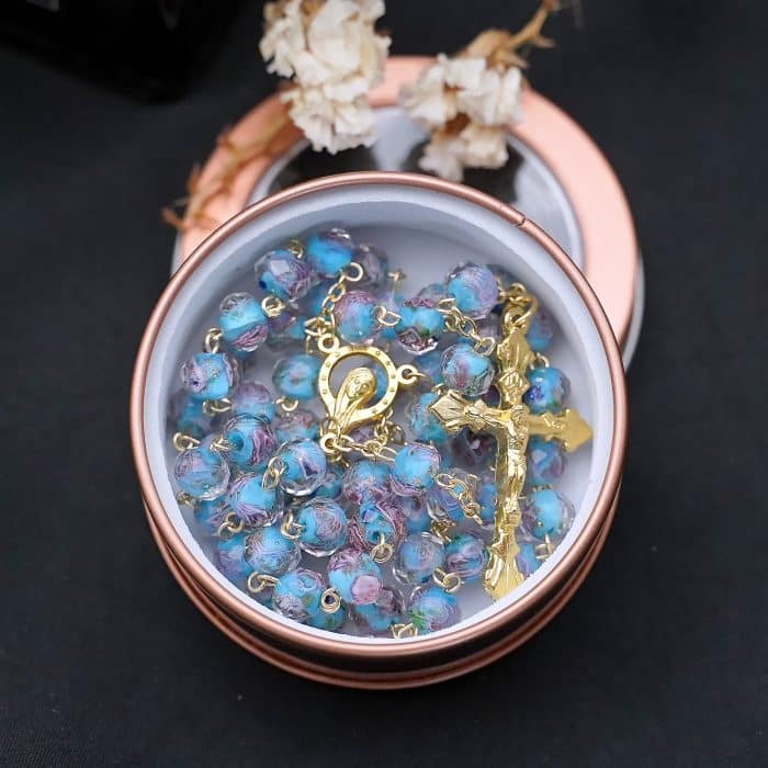 玫瑰念珠-天蓝色琉璃内花原创-8mm珠 Catholic religious art