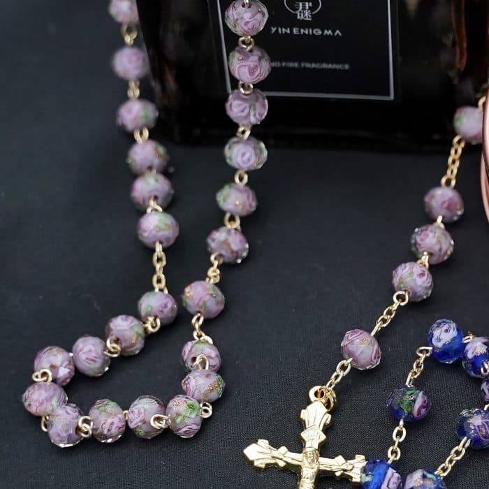 玫瑰念珠-灰色琉璃内花原创-8mm珠 Catholic religious art