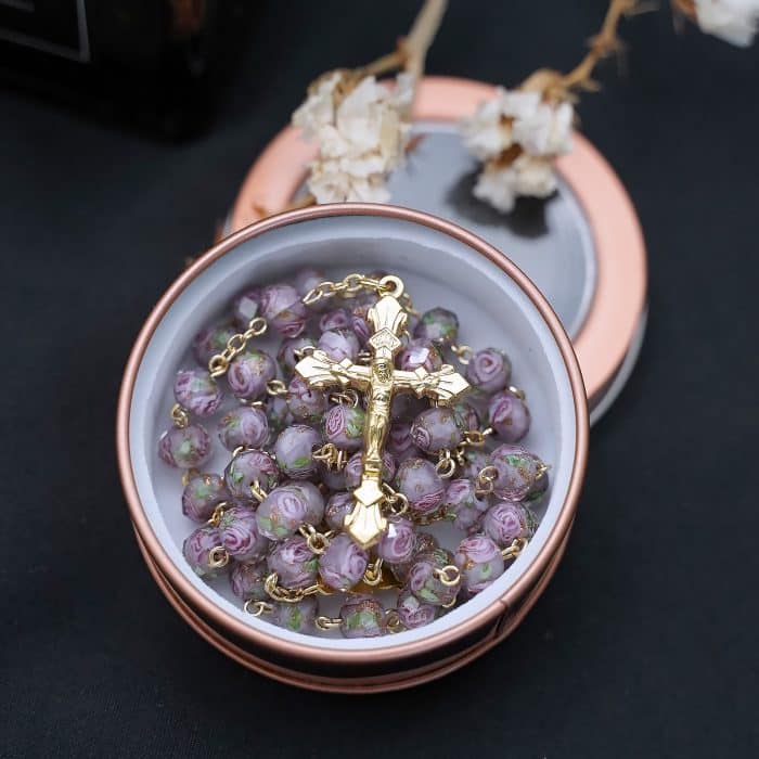 玫瑰念珠-灰色琉璃内花原创-8mm珠 Catholic religious art