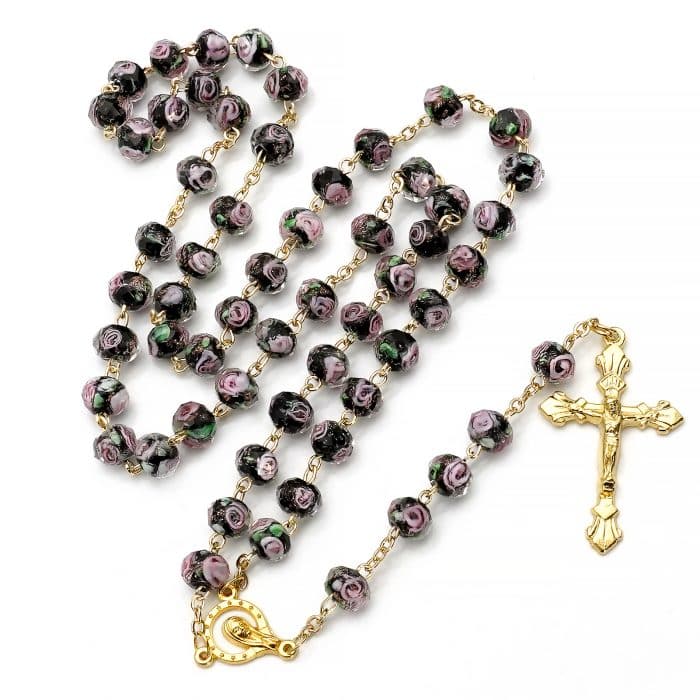 玫瑰念珠-黑色琉璃内花原创-8mm珠 Catholic religious art