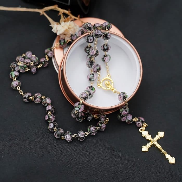 玫瑰念珠-黑色琉璃内花原创-8mm珠 Catholic religious art