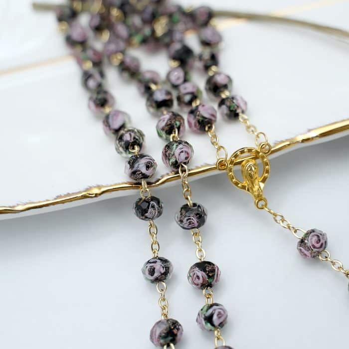 玫瑰念珠-黑色琉璃内花原创-8mm珠 Catholic religious art