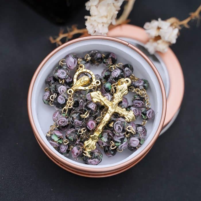 玫瑰念珠-黑色琉璃内花原创-8mm珠 Catholic religious art