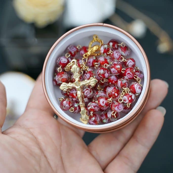 玫瑰念珠-红色琉璃内花原创-8mm珠 Catholic religious art